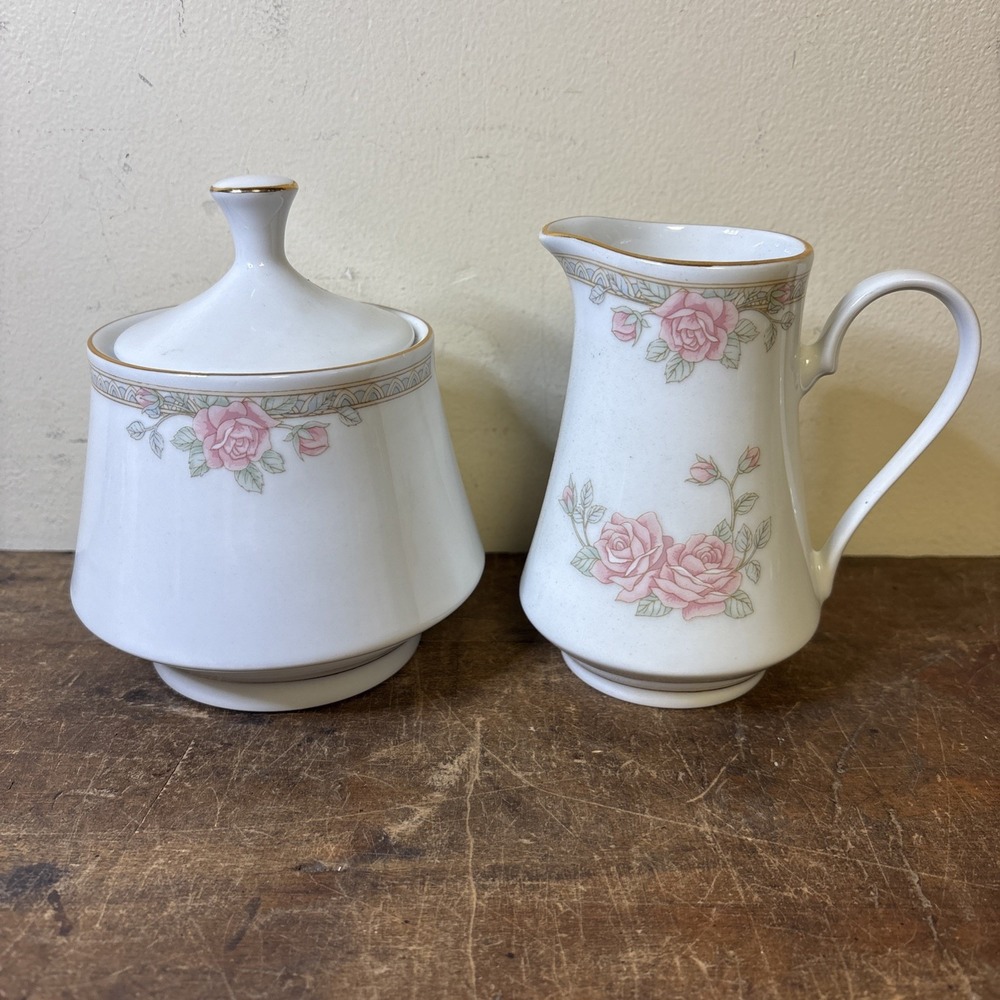 Crown Ming Fine China Pink Rose Creamer & Sugar Set Gold Trim